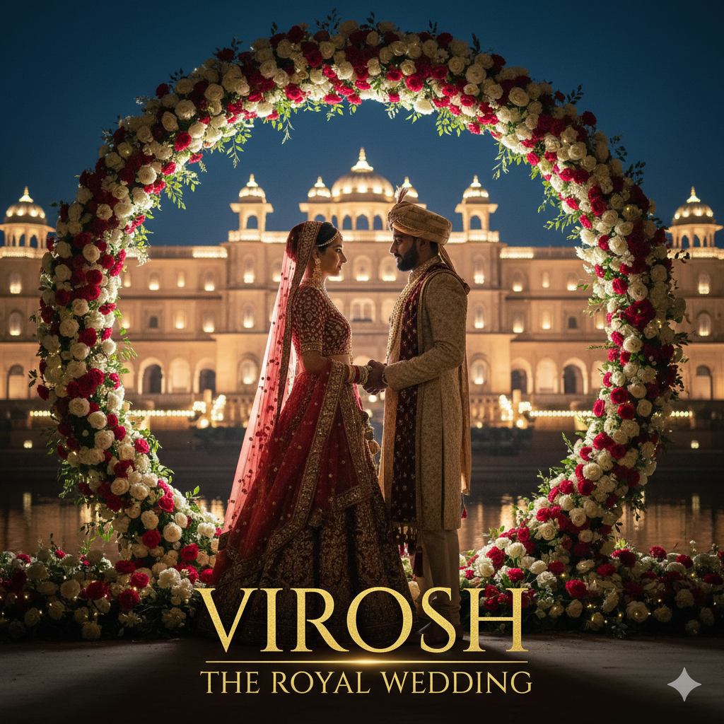 Vijay Deverakonda and Rashmika Mandanna (VIROSH) royal wedding ceremony at ITC Mementos Udaipur featuring a floral mandap and illuminated palace background